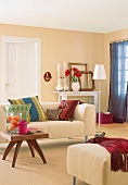 Bright romantic living room with oriental cushions on sofa