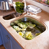 Cabbage leaf being washed in sink with water