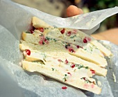 Close-up of fruity sandwich with currants, cress, halibut and turkey breast