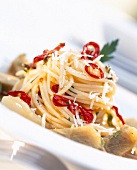 Close-up of spaghettini ai peperoncini