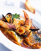 Close-up of fish stew cacciucco with liguria on plate