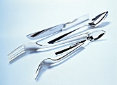 Stainless steel cutlery on white background
