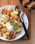 Gnocchi bolognese with soy on plate