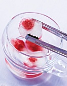 Eiswürfel mit roten Frucht- einschlüssen, Glas + Zange