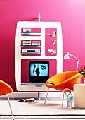 Pink walls and modern closet with television, stereo and CDs in living room
