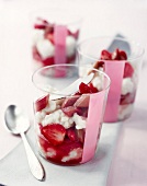 Rhubarb and strawberry compote with coconut rice in glass