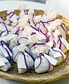 Close-up of dried lavender flowers in cotton bags