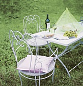 Wein, Käse, Brot +Trauben im Garten, romantische Eisenmöbel mit schnörkel