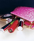 Beauty-Box, rosa Glitzer-Handtasche mit Make-up, Lipgloss, Wimperntusche
