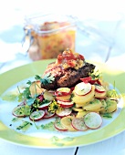 Radishes grilled steak with peach and pepper chutney on plate