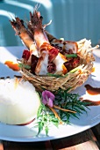 Prawns in basket on plate in Tongsai Bay, Thailand