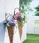 Zwei Pflanzenkörbe mit blühenden Topfpflanzen hängen an Gartenmauer.