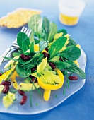 Close-up of colourful salad red peppers, celery, lettuce and avocado on plate