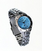 Close-up of sporty silver wrist watch for men on white background