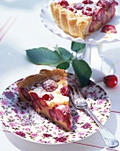 Piece of cherry cake with quark and cinnamon cream on plate