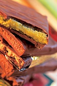 Close-up of various products of chocolate in stack