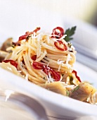 Close-up of spaghettini ai peperoncini