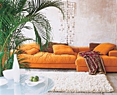 Orange Sitzgruppe, langfloriger Teppich, Glastisch