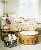 Drum shaped various tables in bedroom