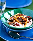 Close-up of hirsch cream soup with chanterelles in bowl