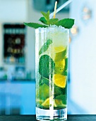 Close-up of classic mojito cocktail in glass