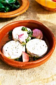 Baked goat cheese in bowl, Tapas