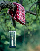 Checked picnic blanket with lit lantern handing on branch