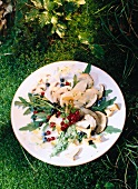 Mushroom carpaccio with arugula, cranberries and grated parmesan cheese on plate