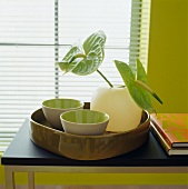 Two bowls and vase on ceramic tray against window