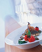 Close-up of carp fillet with basil lenses on plate