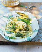 Spaghetti with walnut pesto, parmesan cheese and basil leaves on plate