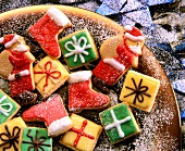 Sugar candies shaped as Christmas stockings, Santa and gifts