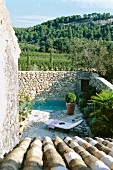 View of pool in courtyard of country house in front of Grenache vines, Provence