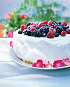 Close-up of ice cream cake with berries and meringue served in garden