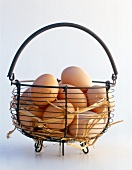 Brown eggs in wire basket on white background