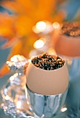 Close-up of egg shell full of caviar in Les Crayeres hotel, Reims