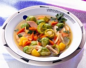 Stew with brussels sprouts, turkey breast fillet, potatoes and carrots on plate