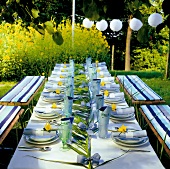 Table laid in garden with crockery arranged on it