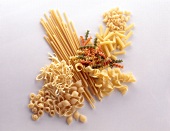 Several types of pasta on white background
