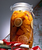 Pumpkin sweet-sour pickled with sherry vinegar in glass jar