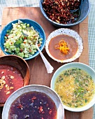 Variety of sauces and marinades in bowls for barbecue