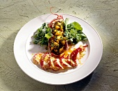 Lobster salad with mango and peruvian style rice on plate
