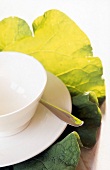 Close-up of cereal bowl decorated with rhubarb leaf