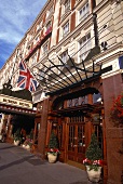 Entrance of Rubens hotel with Union Jack flag, London