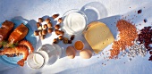 Various varieties of protein products on white background