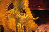 Samba Dancer wearing colourful costumes in Rio de Janeiro at dusk, Brazil
