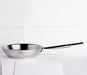 Stainless steel pan with handle on white background