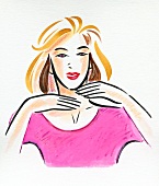 Illustration of woman wearing pink top with hands below chin