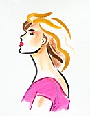 Illustration of side view of woman wearing pink top stretching her neck