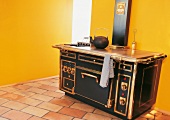 Close-up of kitchen stove with gold fittings